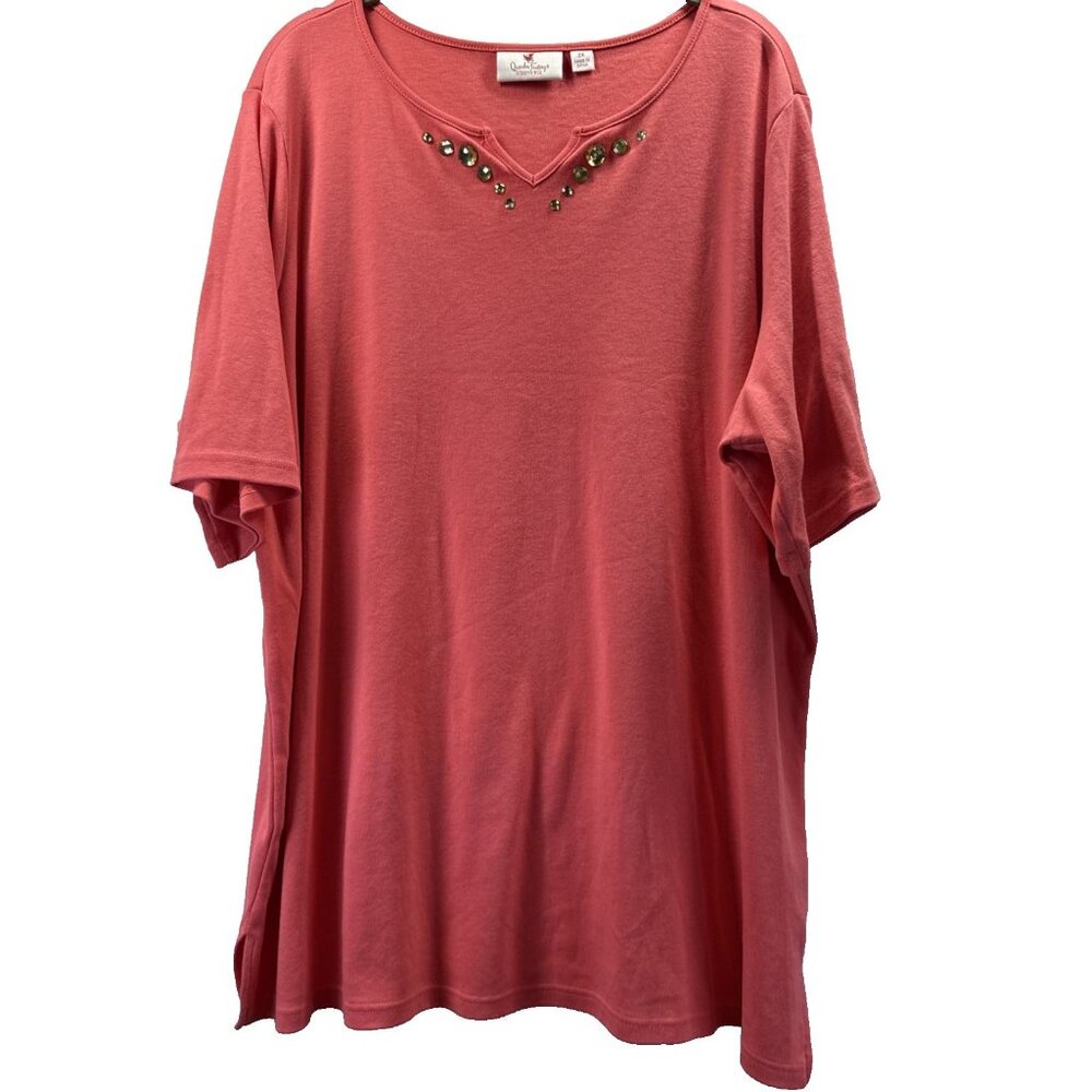 Quacker Factory‎ Women's Top 2X Plus Orange Bead Embellished V Neck Short Sleeve